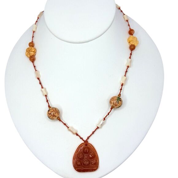 VTG Belle Costes Carved Carnelian Pendant Necklace 20" Bohemian Boho Chic - Picture 2 of 13